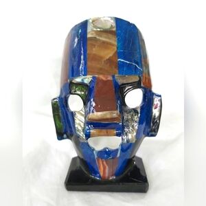 Mayan Burial Mask Semi Precious Stones Abalone Onyx Mother of Pearl Stand Mexico